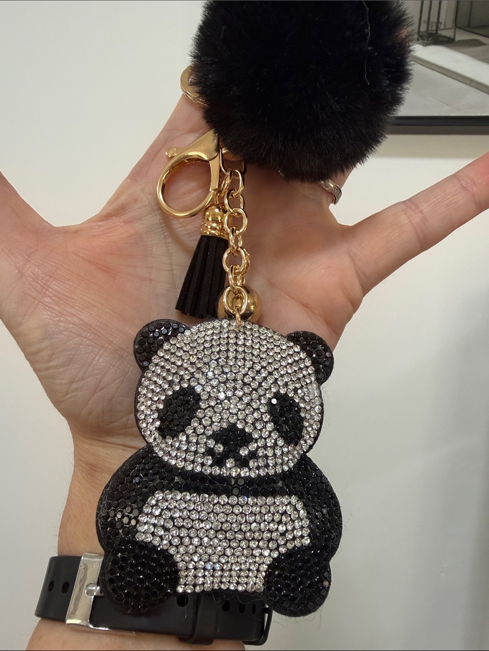 Sparkling Panda Keychain Pom - Black and White